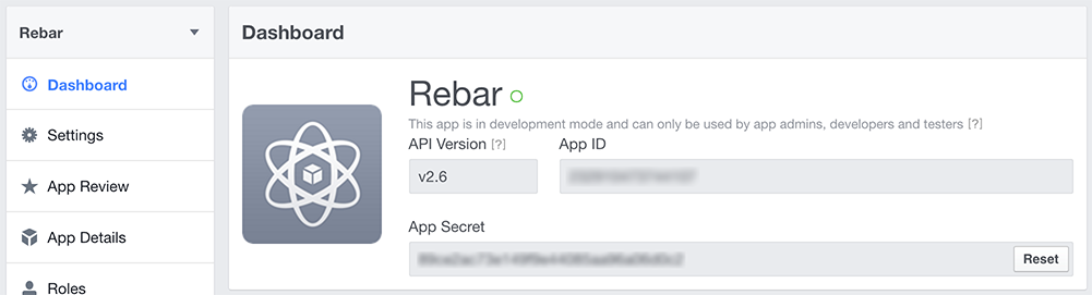 Facebook application dashboard