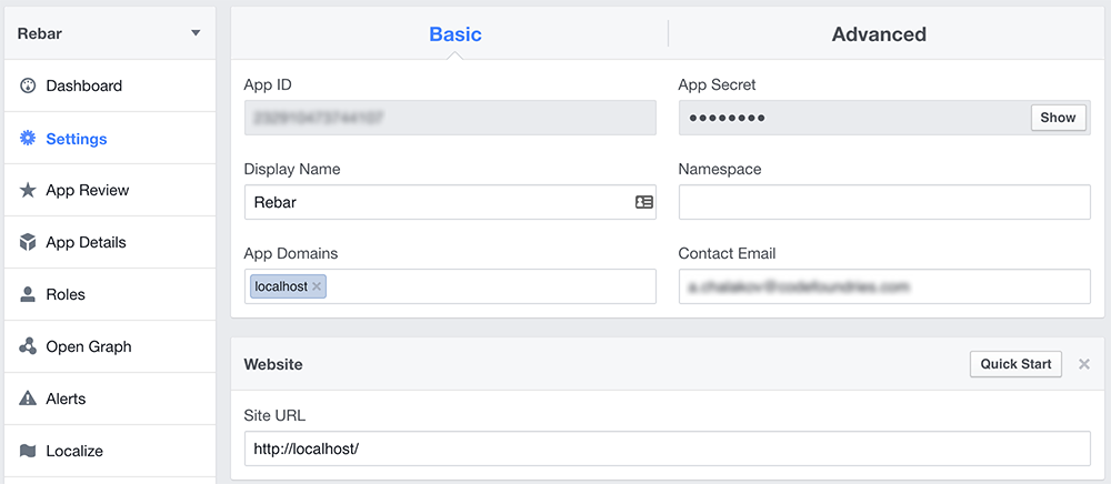 Facebook application settings